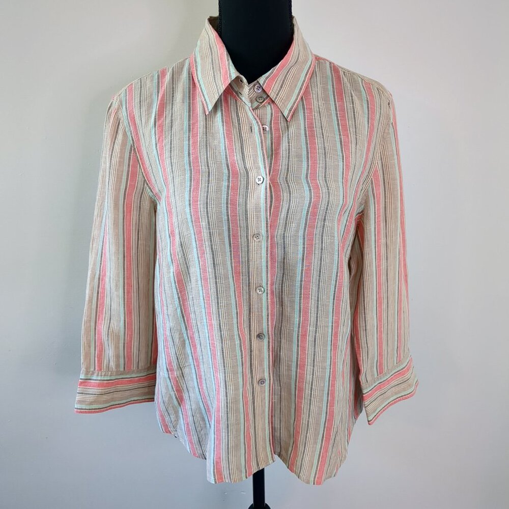 Sportscraft 100% Linen Button Down Striped Shirt Coastal Casual Office Australia